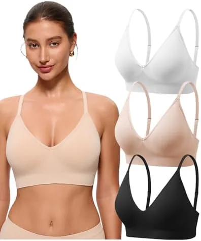 evercute womens 3 pack v neck padded bralettes wireless bras comfortable adjustable no underwire low support bras for women